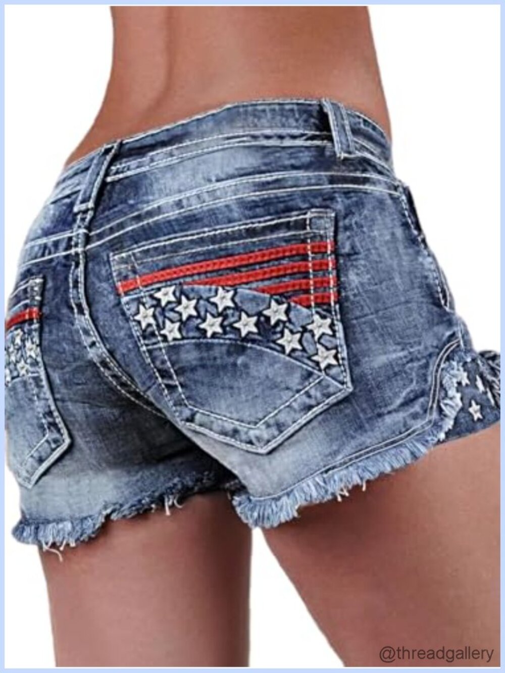 High Waisted Frayed Hem Star Striped Denim Shorts